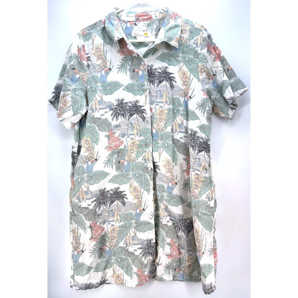 Linen Tropical Toucan Surf Button Up‎ Tunic Shirt Dress Sz XL Resort Beach Vacay
